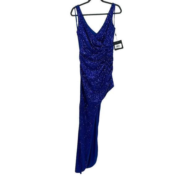 Mac Duggal Sequin Draped Faux Wrap Asymmetrical Hem Gown Cobalt Size 6 NWT - Picture 8 of 12
